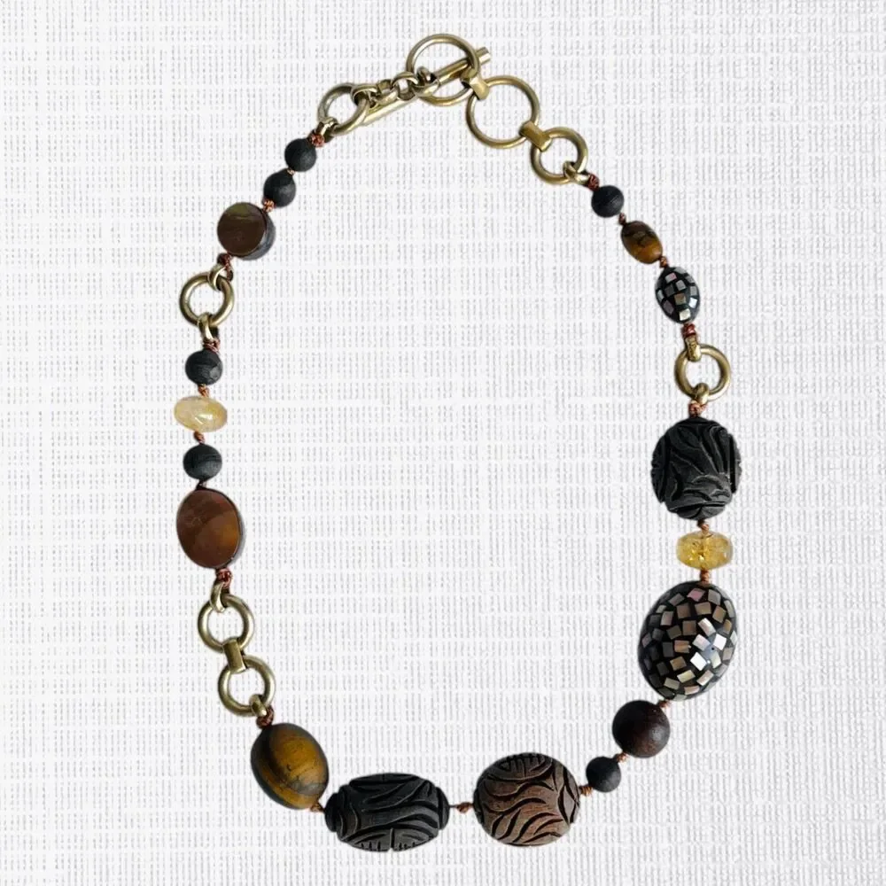 Kenneth Cole Necklace Carved Wood Bead Mother of Pearl Tribal Brown Gold Tone
